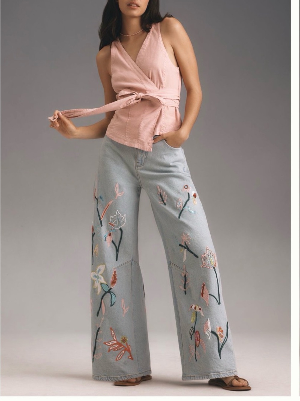 Anthropologie Pilcro Wash Embroidered Floral Wide-Leg Jeans - Light Blue - Picture 12 of 13